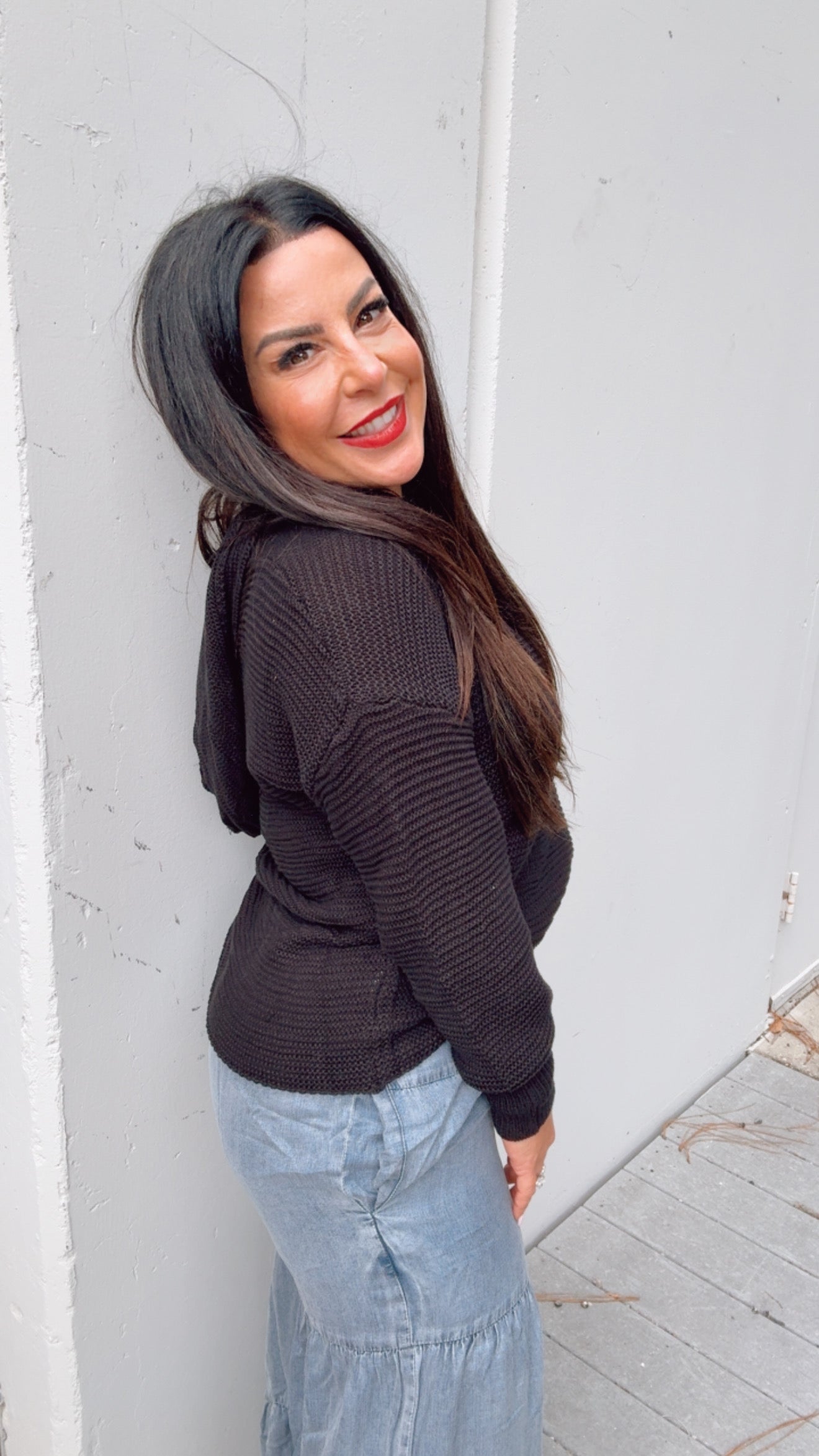 Chic Black Knit V-neck Hoodie Sweater