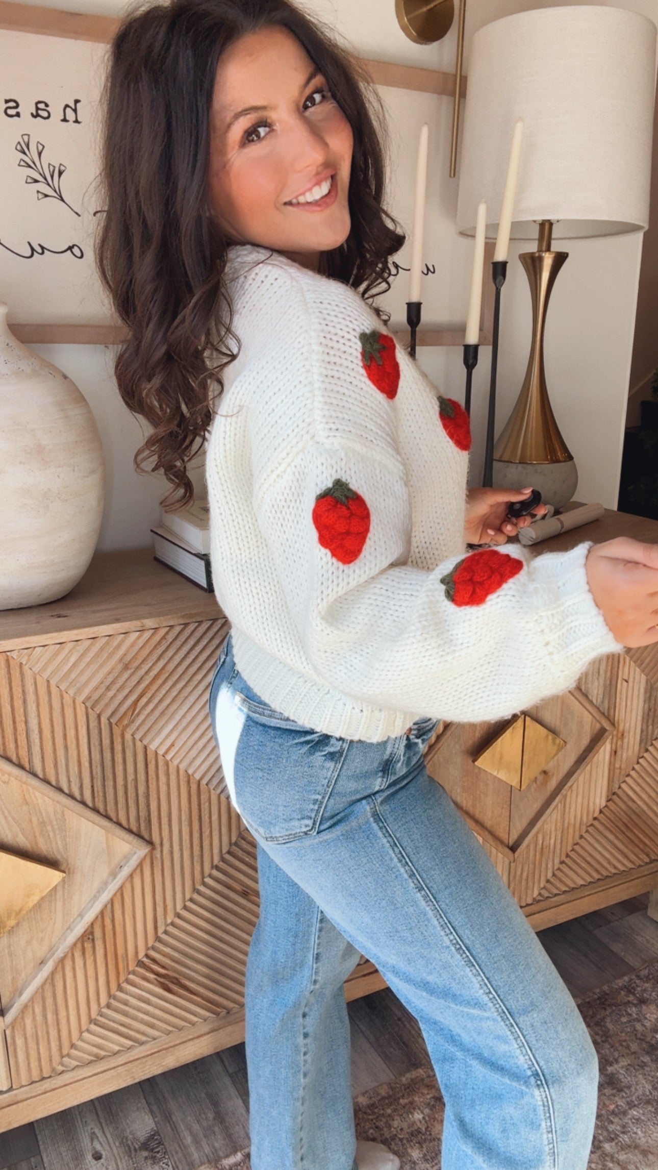 Chic White Strawberry Button Cardi Sweater