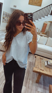 Sage Green  and White Gingham Ultra Soft Ruffle Sleeve Top