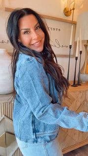 Denim Scalloped Hem Front Pocket Jacket