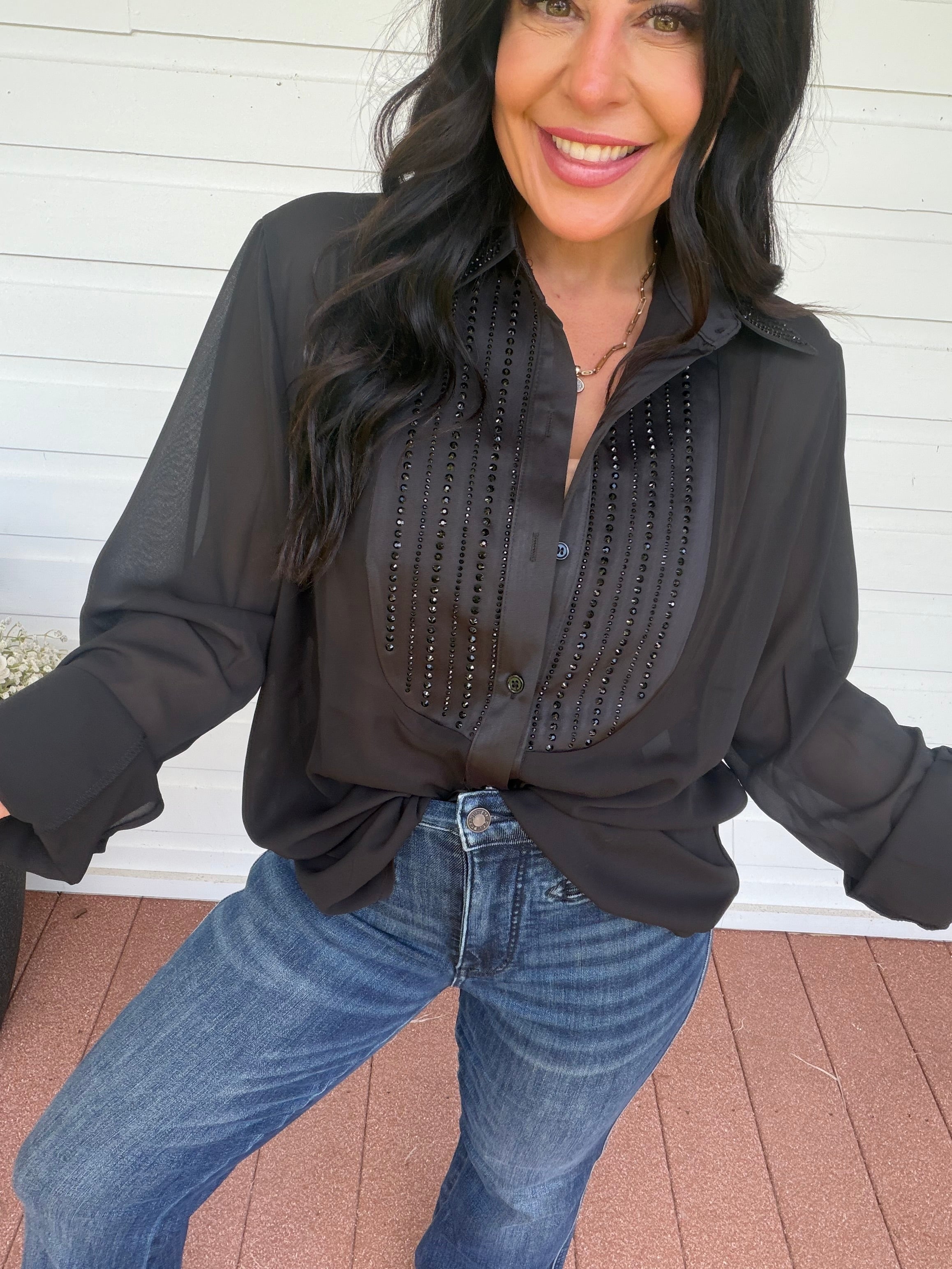 Diva Black Sparkle Long Sleeve Blouse