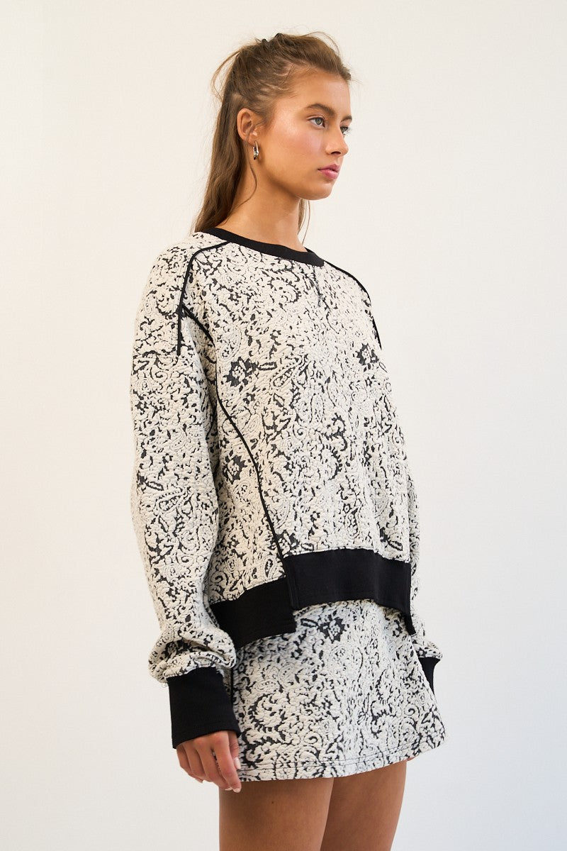 Black and White Jacquard Crewneck And Skirt Set