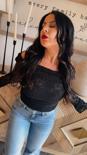 Sassy Lightweight Black Lace Off The Shoulder Long Sleeve Top