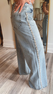 “DENIM & DIAMONDS” Medium Wash Wide Leg Bouje Diamond Lined Jeans