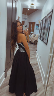 Chic Black and  White Striped Strapless Dress