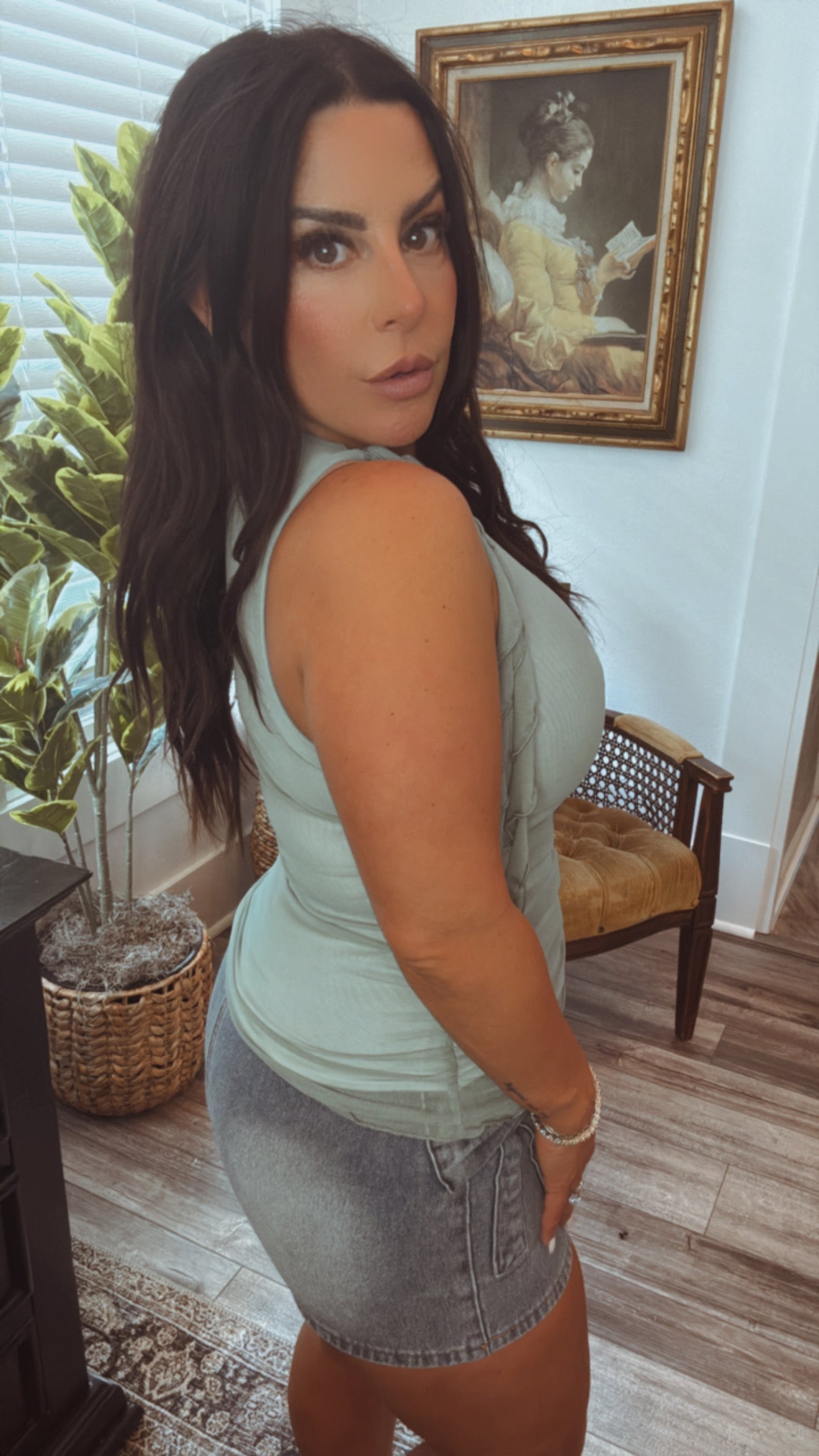 Ultra Soft Seagrass Mesh Ruched Sleeveless Top