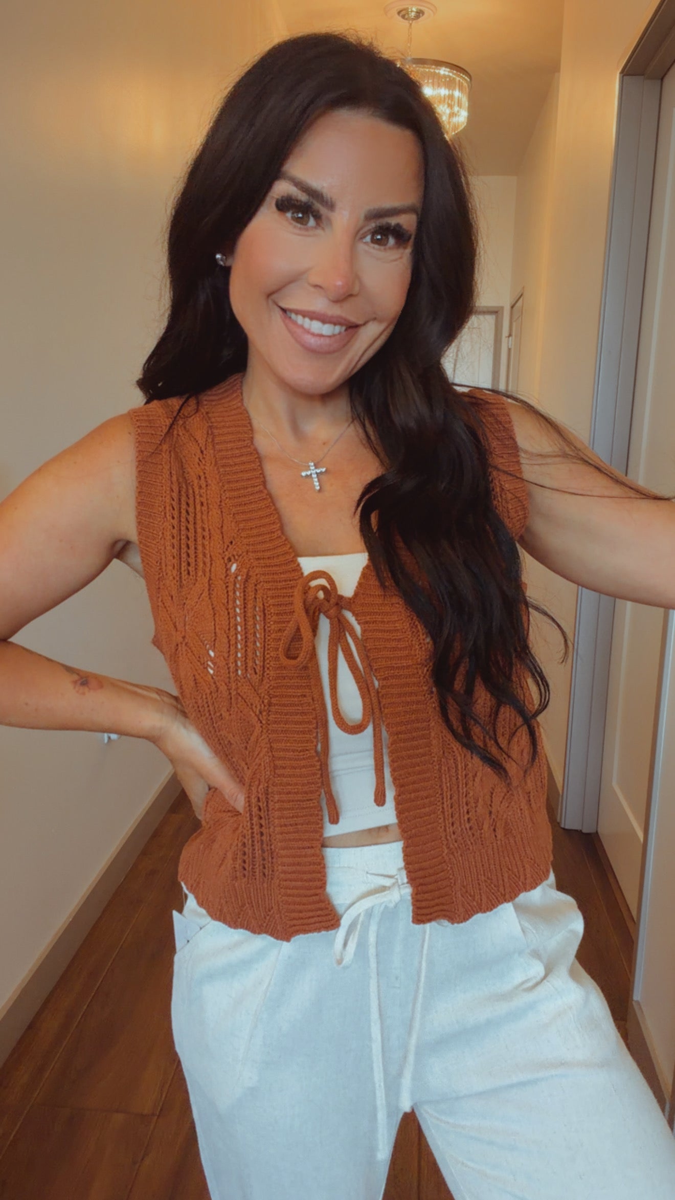Camel Cable Knit Front Tie Vest