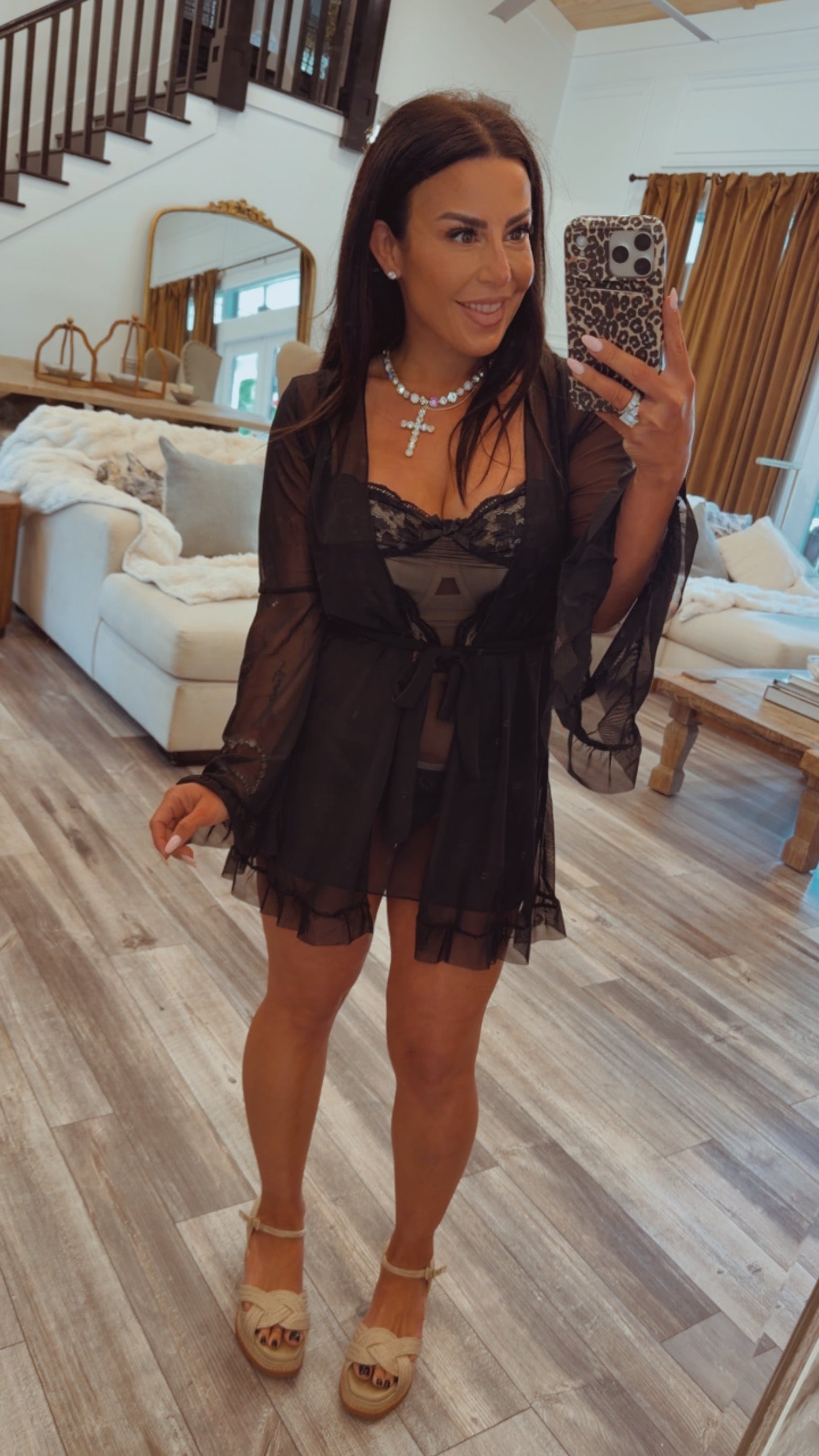 Jeaneanes 3 Piece Black Sheer  Lingerie and Robe PJ Set