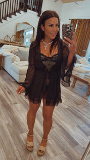 Jeaneanes 3 Piece Black Sheer  Lingerie and Robe PJ Set