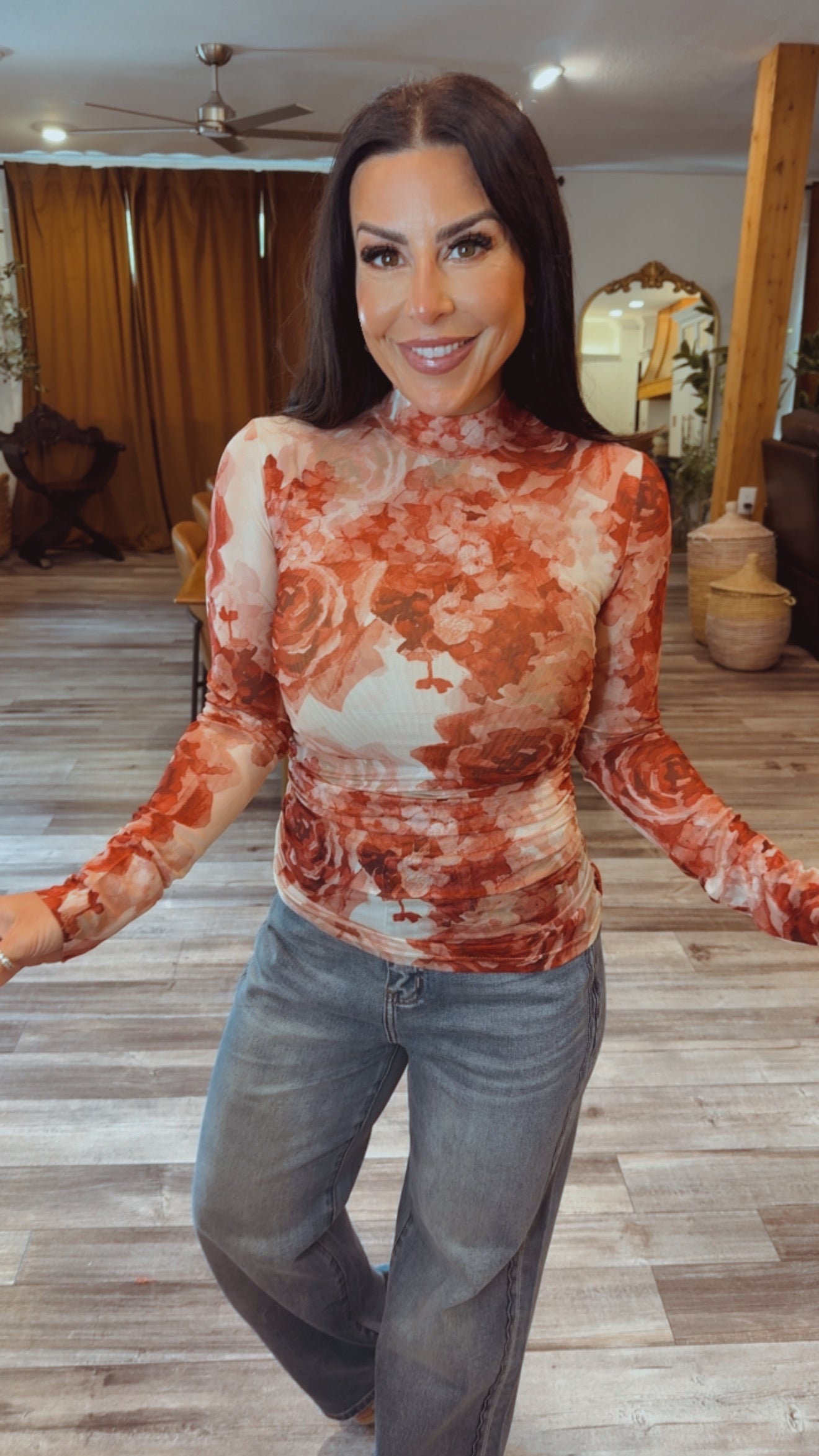 Long Sleeve Floral Red Mesh To