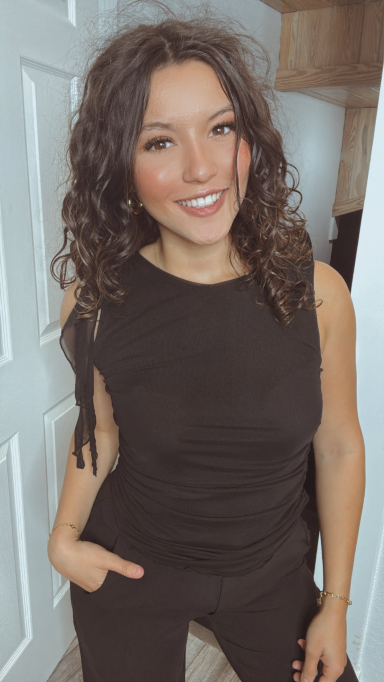 Black Rushed And Sheer Top