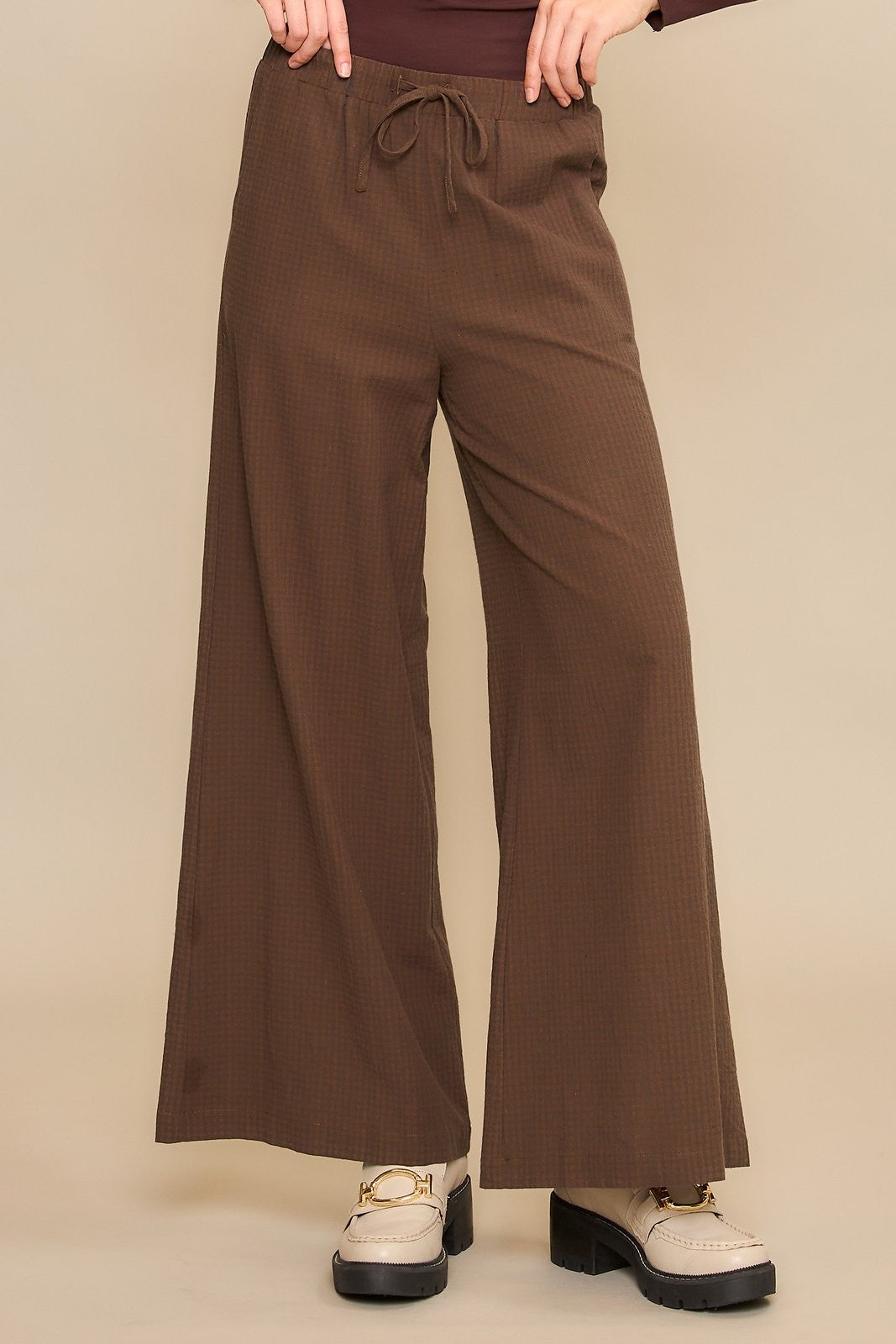 Cozy Co Dark Brown Sublte Gingham Wide Leg Pants
