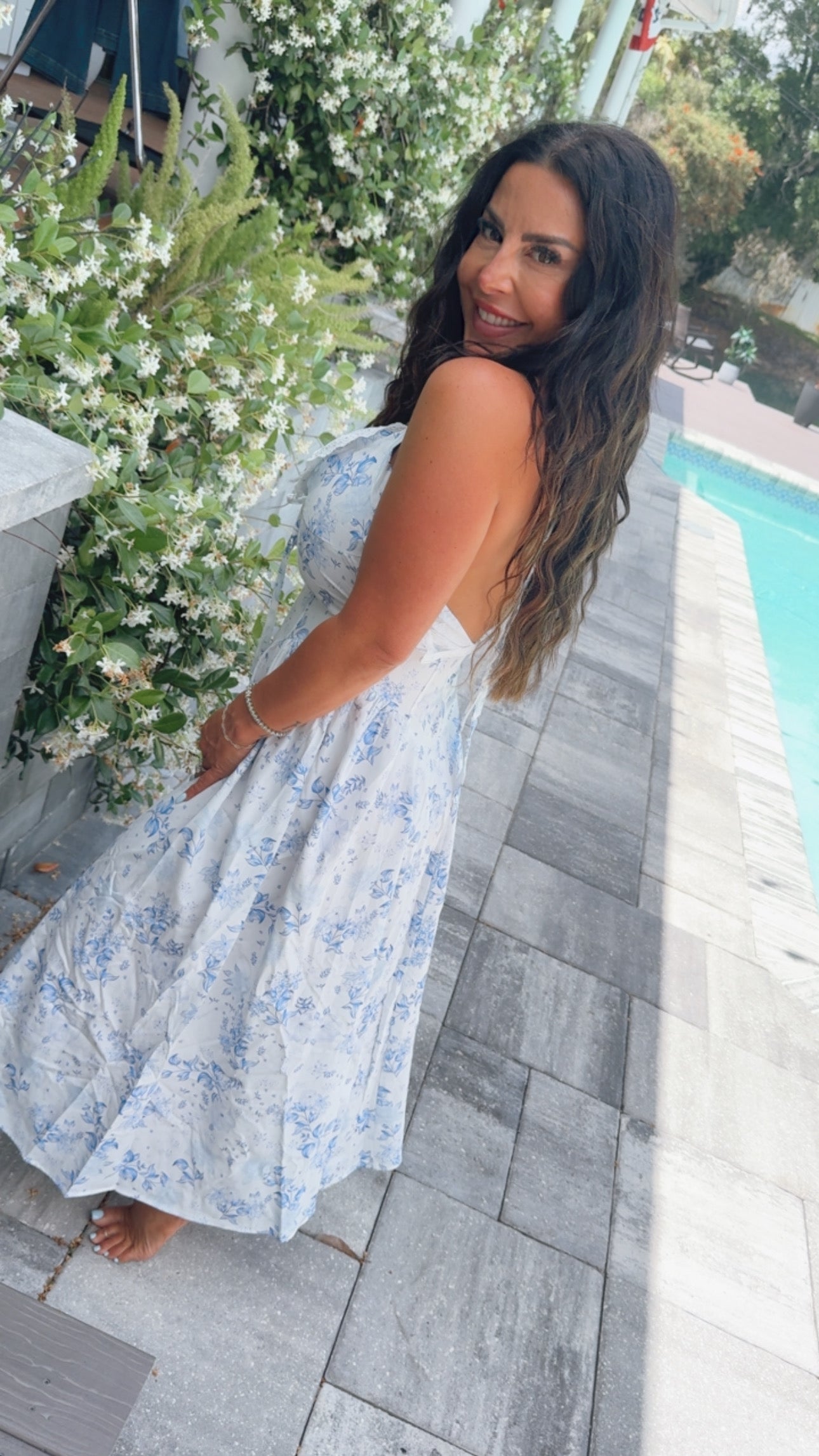 Chic Blue and White Floral Lace Detail Halter Dress