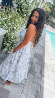 Chic Blue and White Floral Lace Detail Halter Dress