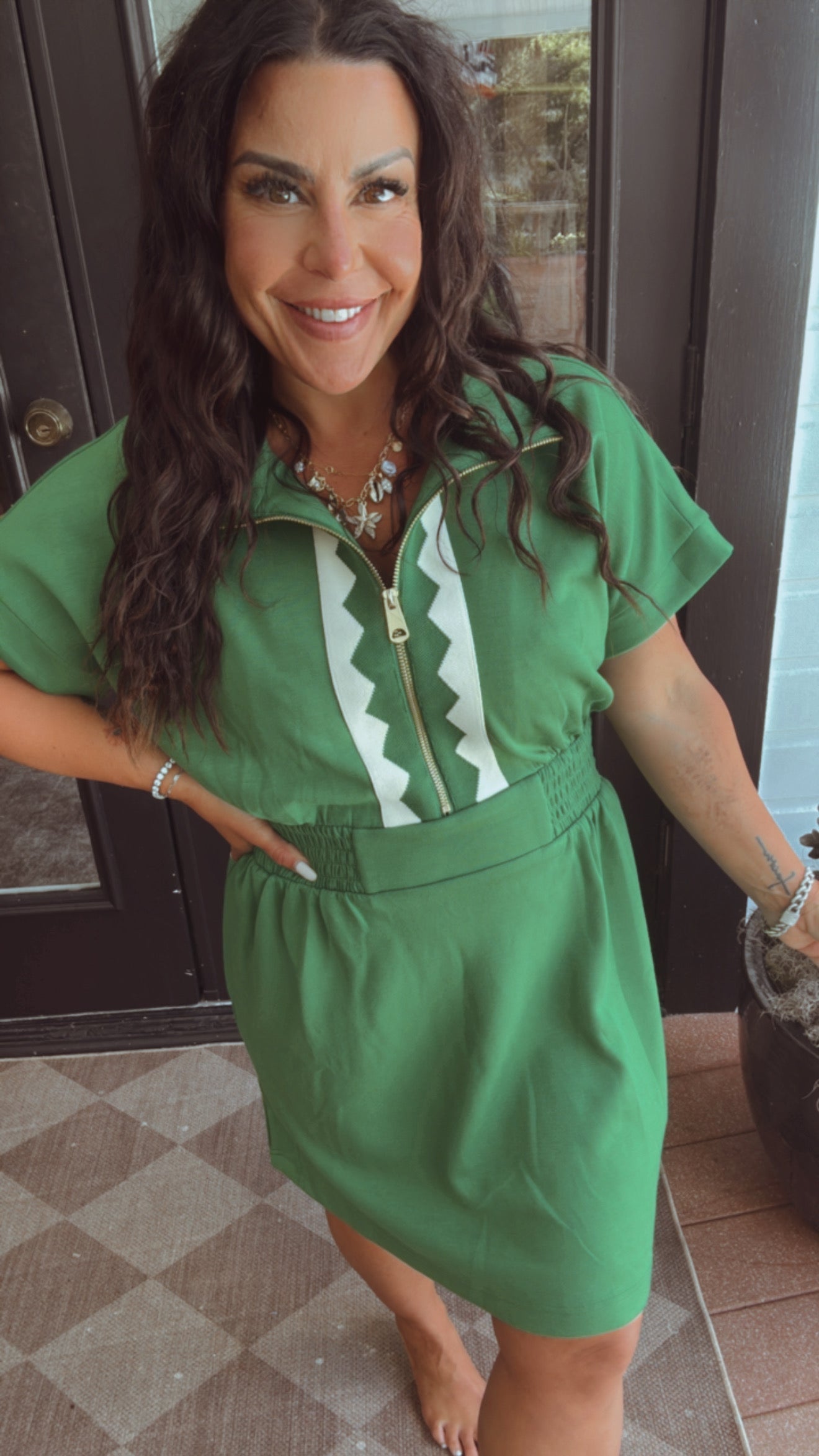Kelly-green and White ZIp Front Ruched Waist Dress