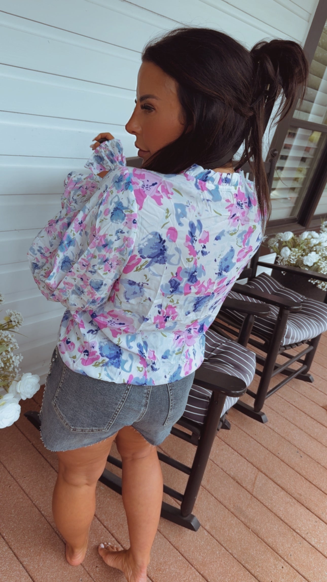 Ultra Soft Lightweight White and Floral Button Up Blouse