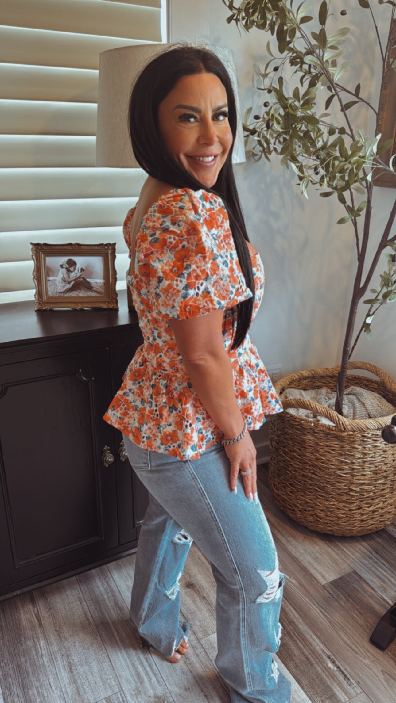 Orange and Floral Eyelet Lace Top