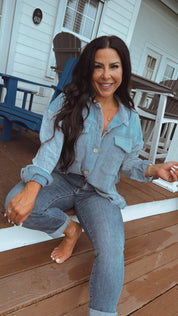 Blue Button Up Linen Long Sleeve Top