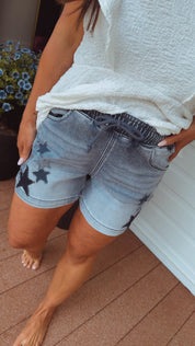 Risen Medium Wash Star Shorts With elastic Waist Band