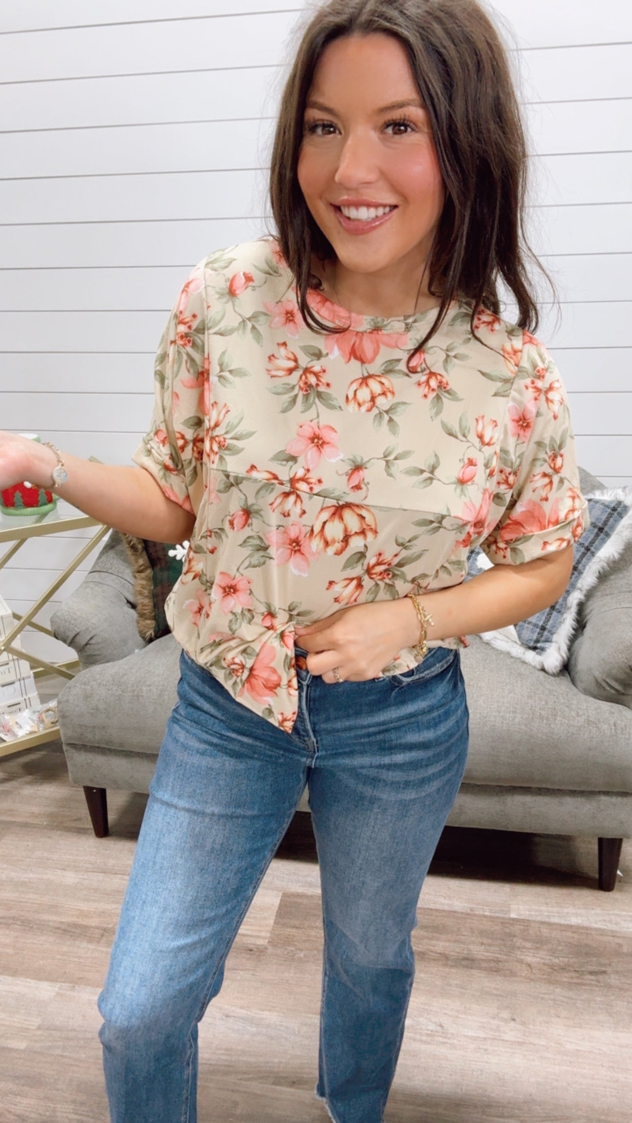 Taupe and Floral Ultra Soft Short Sleeve top *Final Sale*
