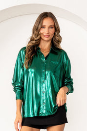 Hunter Green  Sparkle Button Down Long Sleeve Top