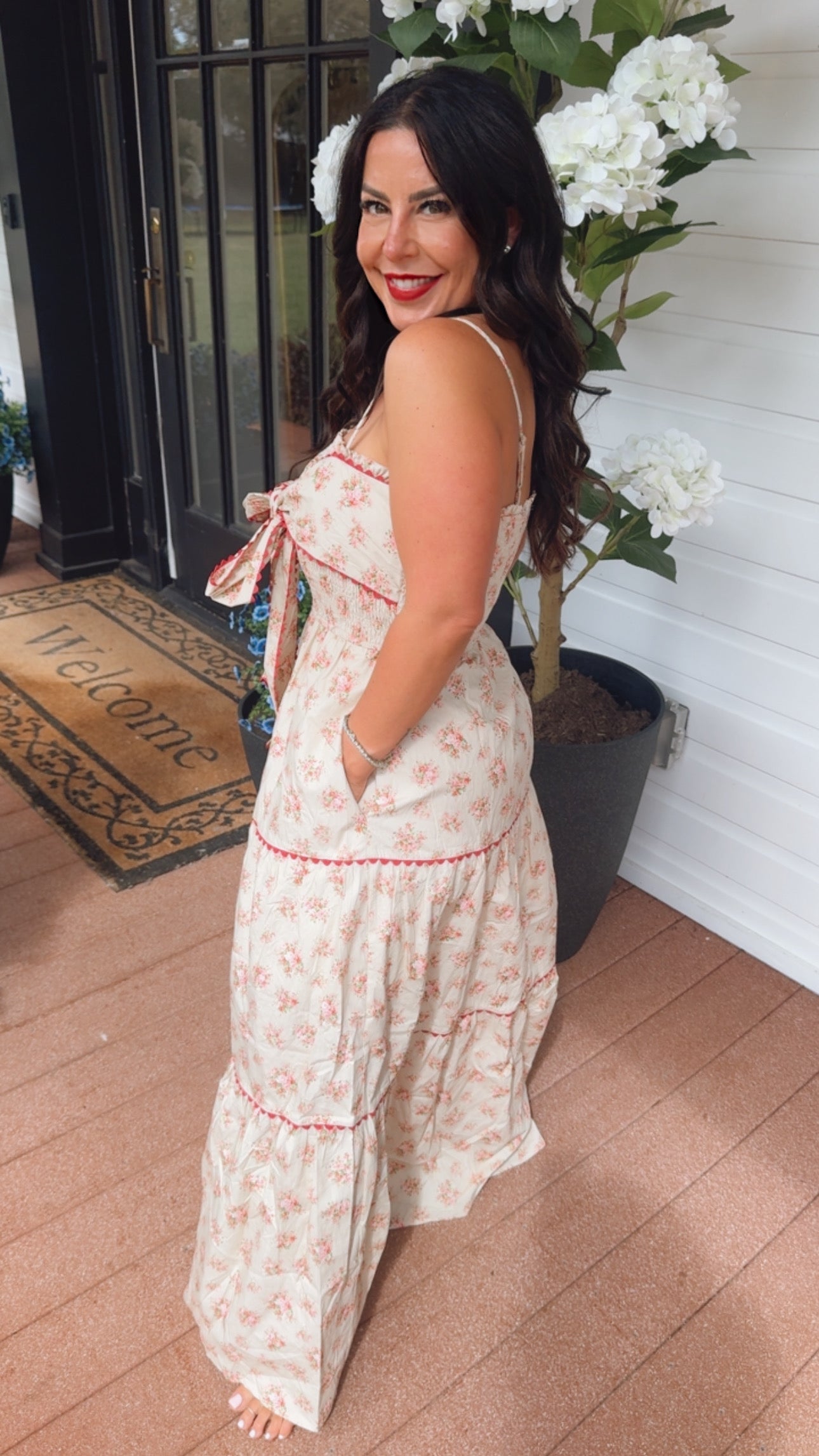 Taupe And Red Floral Maxi Dress