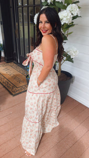 Taupe And Red Floral Maxi Dress