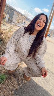 Beige and Floral Chic Long Sleeve Crewneck