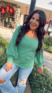 Kelly Green Ribbed Long Sleeve Lightweight Sweater Top