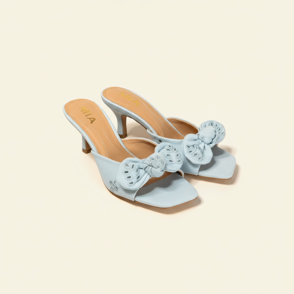 Mia Must Have  Blue Embroidered Lace Floral  Bow Heels