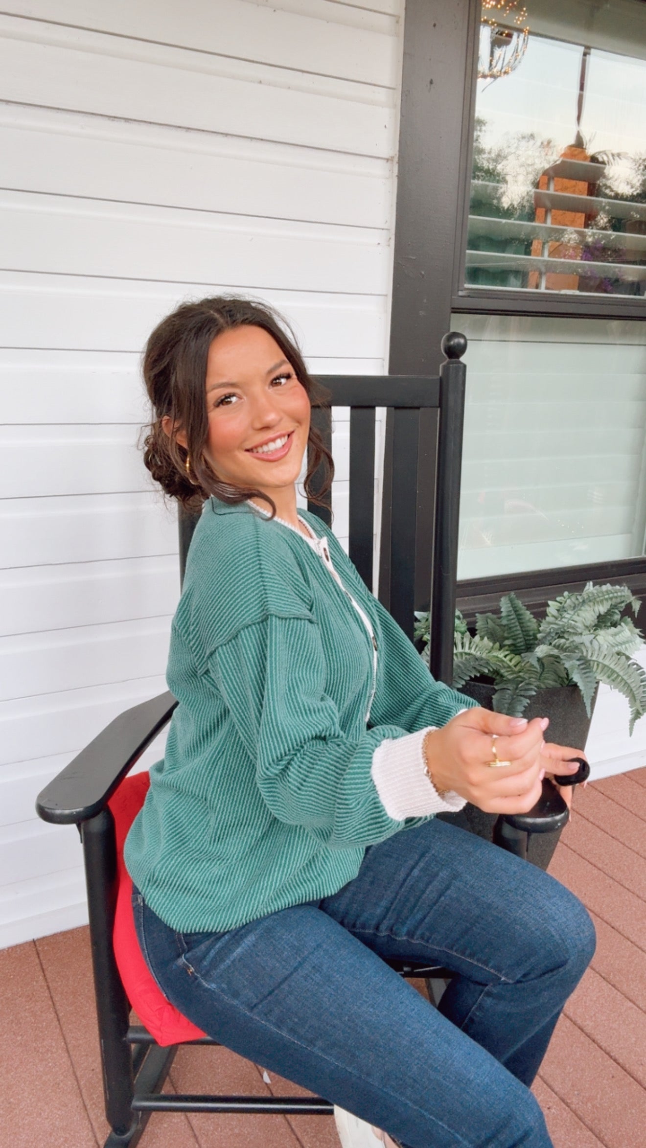Green and Cream Ribbed Long Sleeve Sweater Top