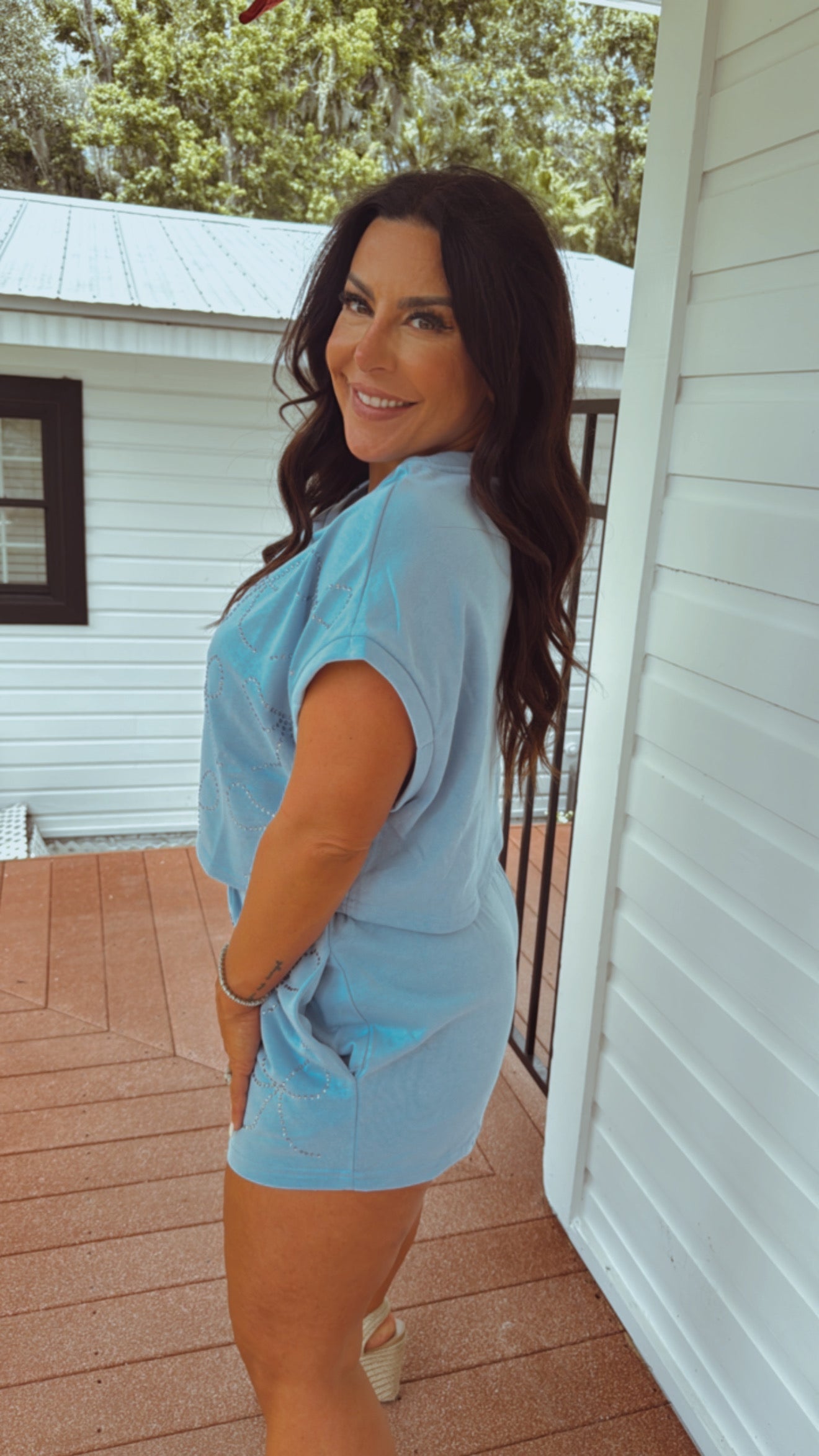 Light Blue Crustal Bow Studded Shorts