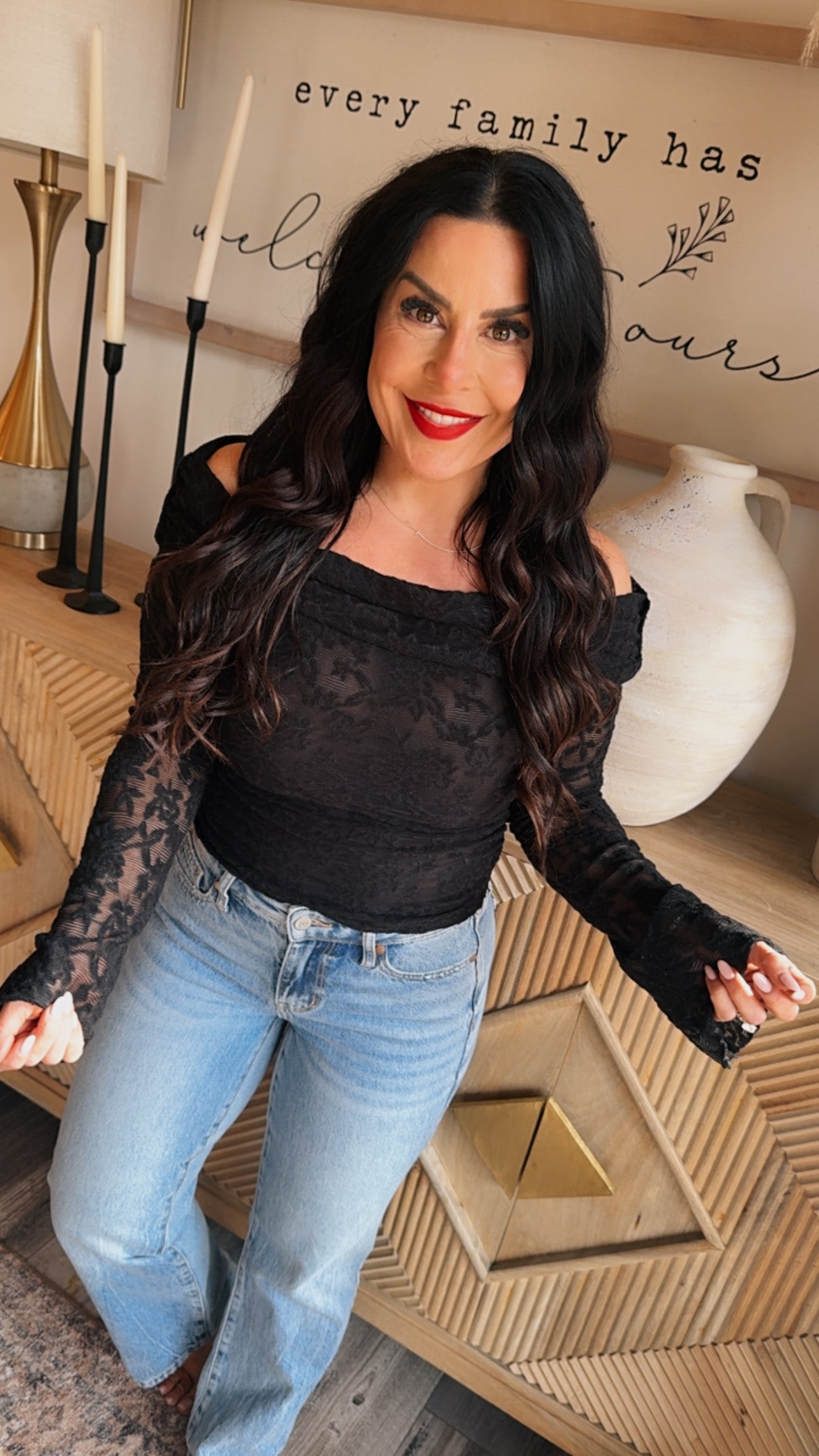 Sassy Lightweight Black Lace Off The Shoulder Long Sleeve Top