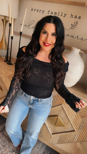 Sassy Lightweight Black Lace Off The Shoulder Long Sleeve Top