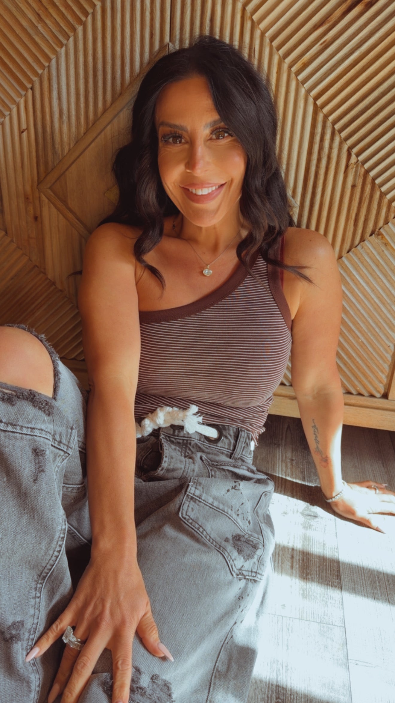 Brown and White Striped One Shoulder Top