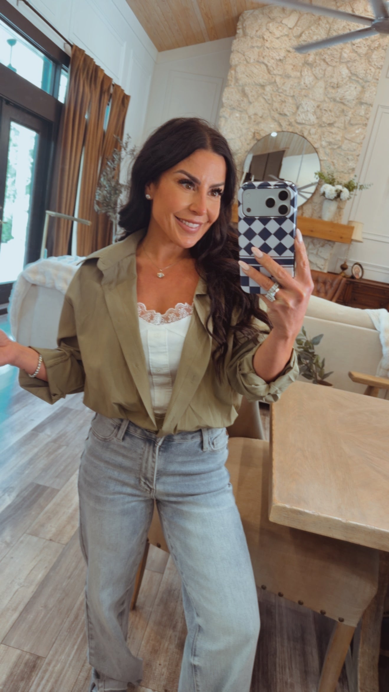 Luxe Olive  and White Lace Cami Long Sleeve Top