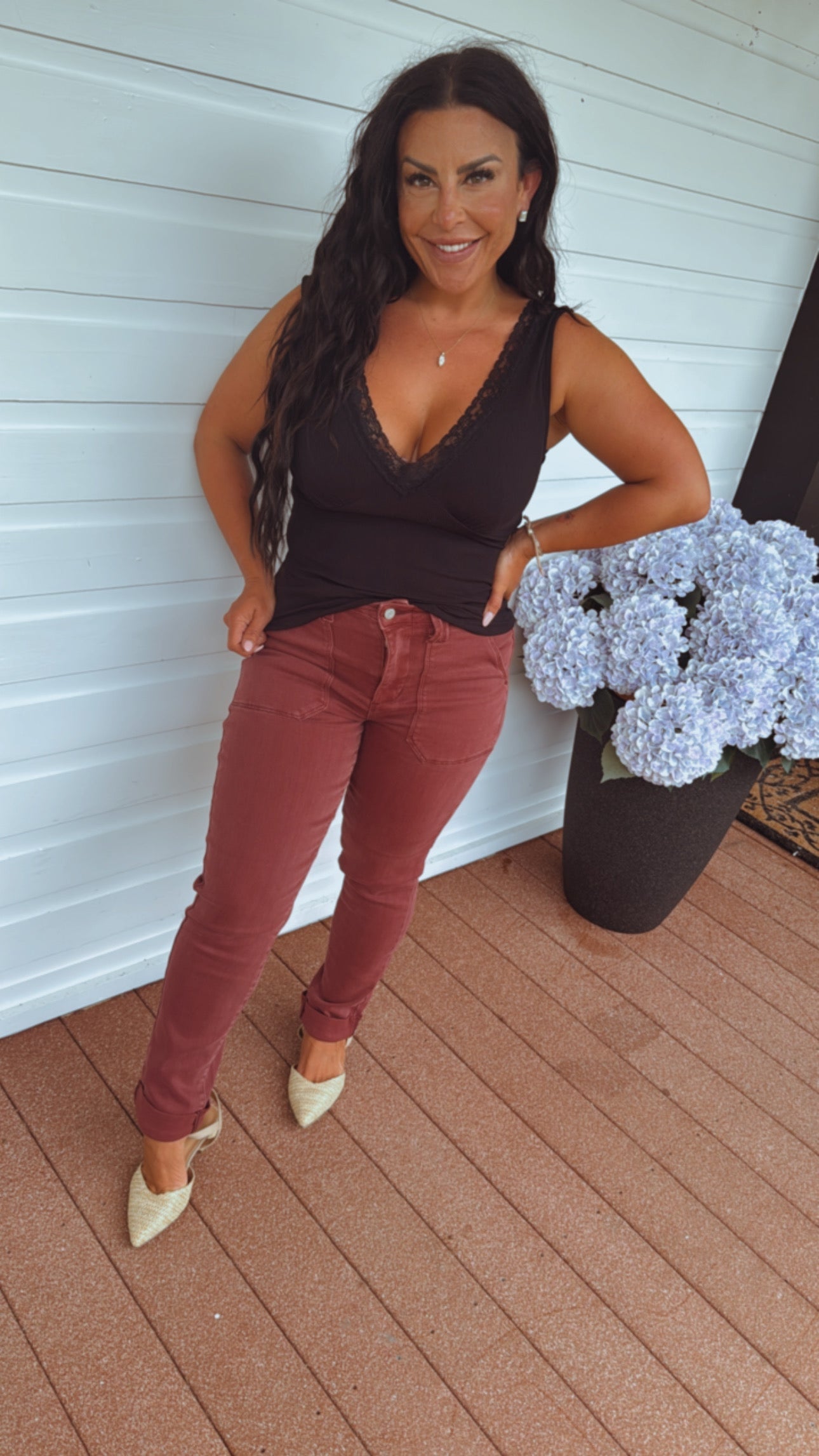 Sassy Black Lace Trim Vneck Tank