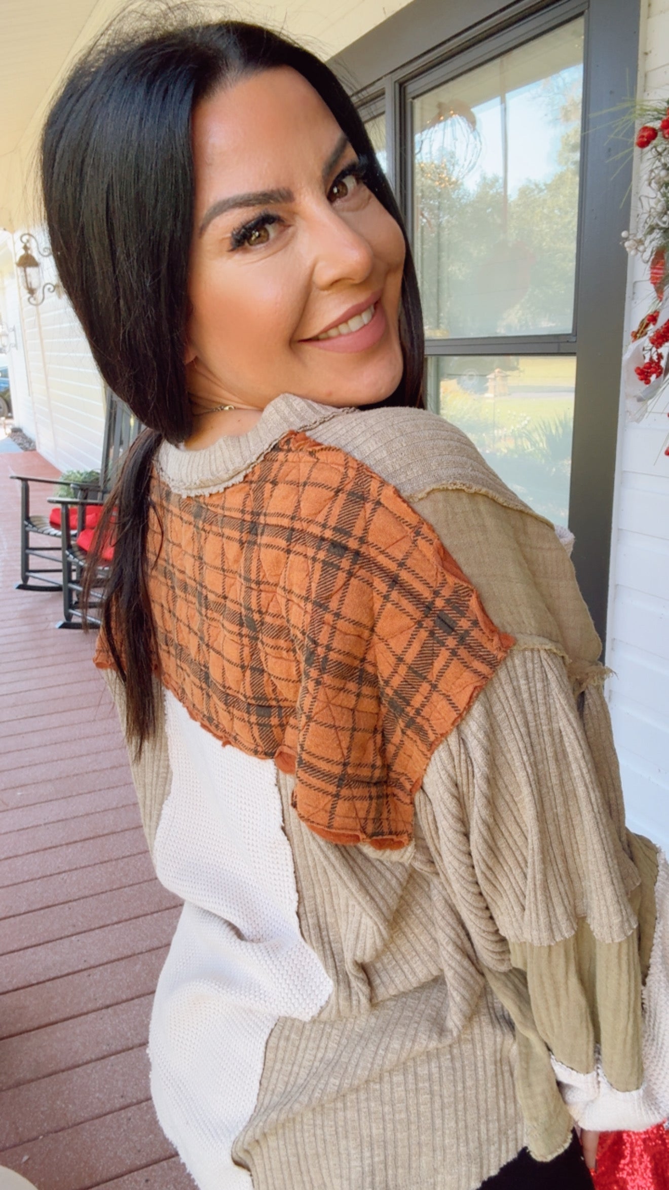 POL Olive and Rust Plaid V-neck Long Sleeve Top