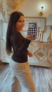 Black Square Neck Long Sleeve Top