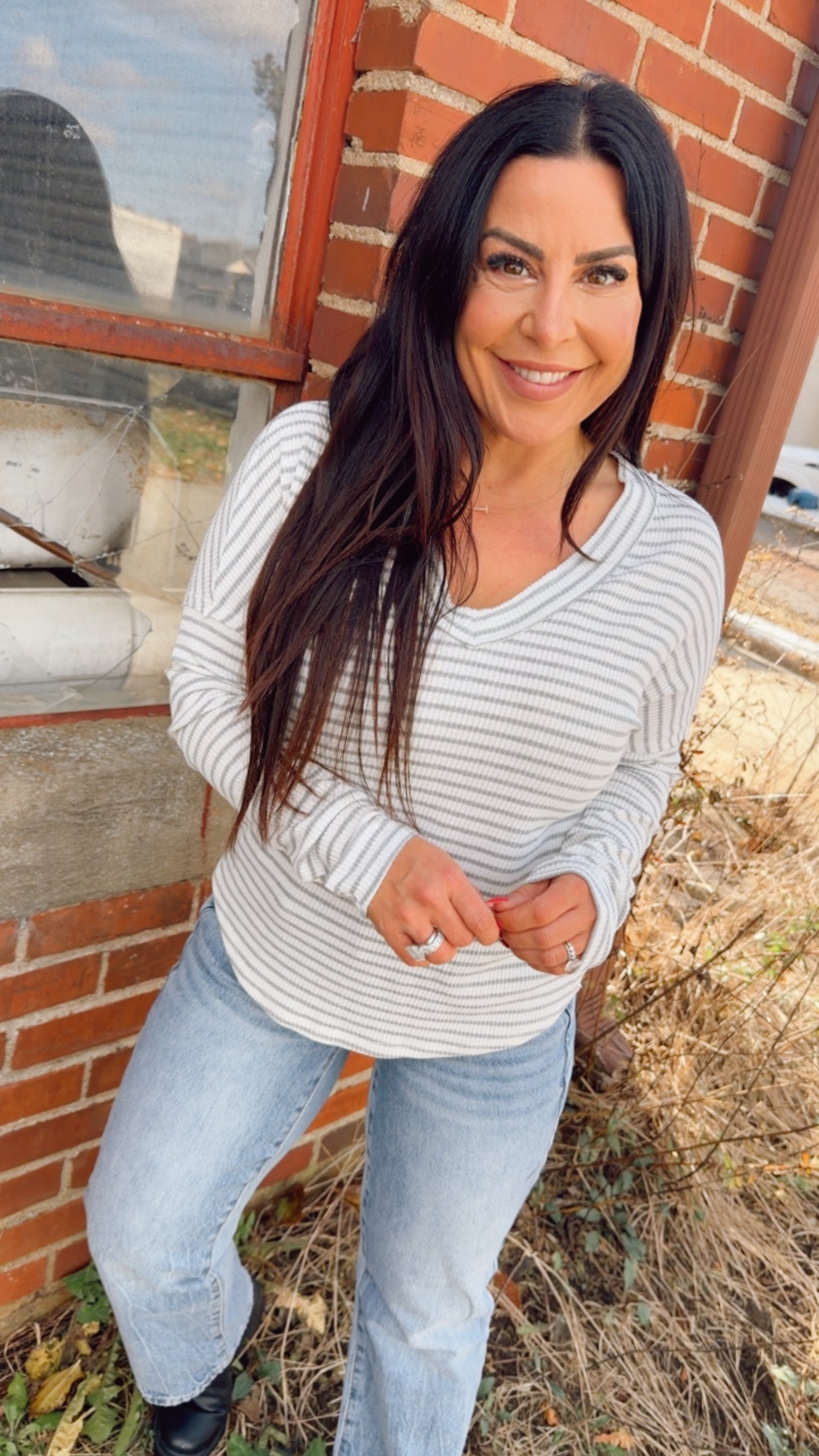 Grey and White Striped Lightweight Long Sleeve Top