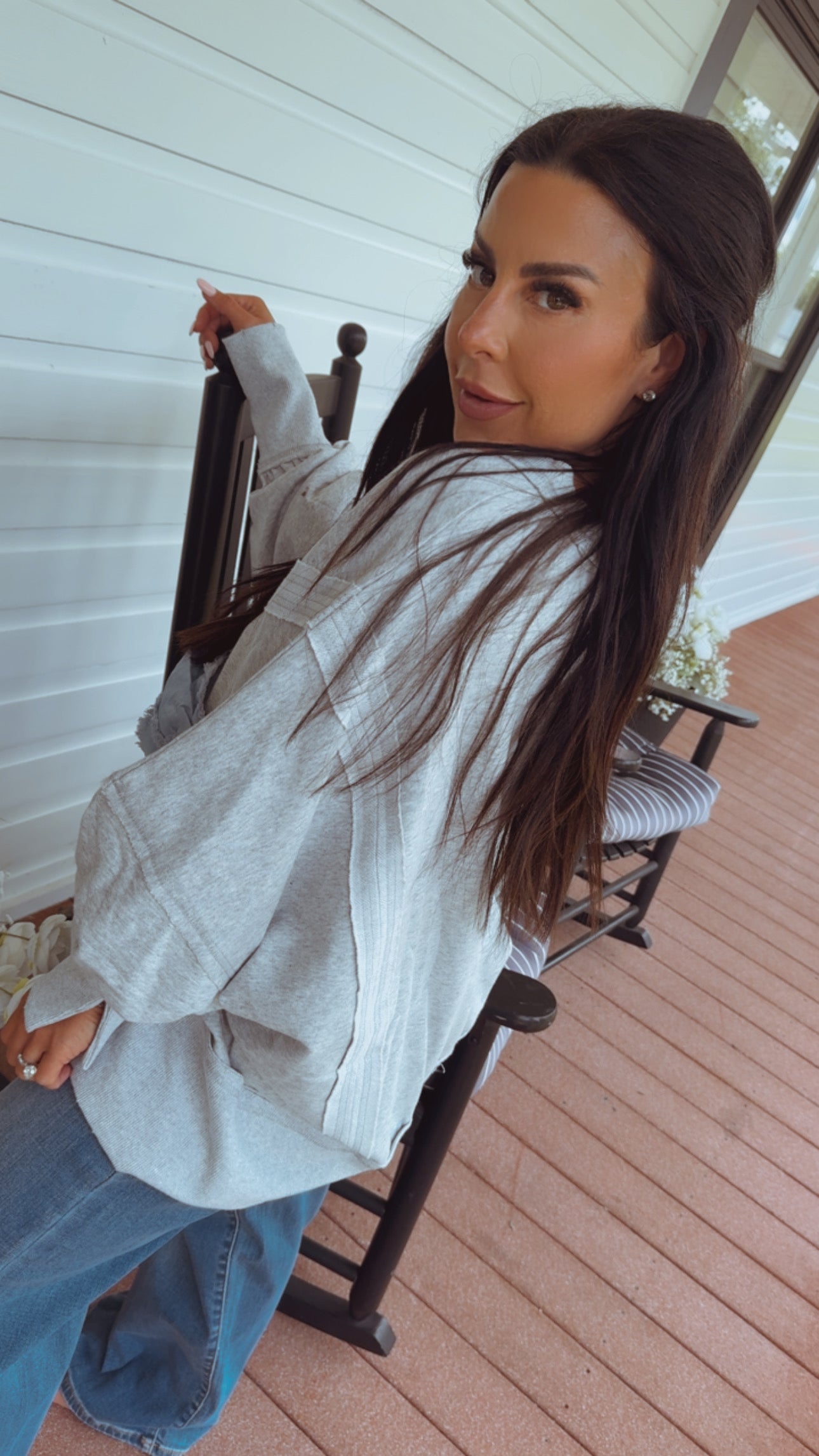 Ultra Soft Lightweight Grey and Blue Bow Crewneck