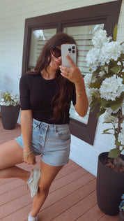 Mica Denim Candy Blue High Rise Rolled Hem Shorts