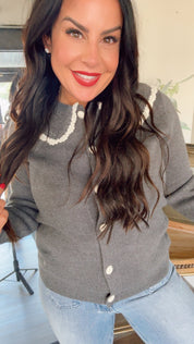 Charcoal And Crochet Lace Collared Knit Cardi