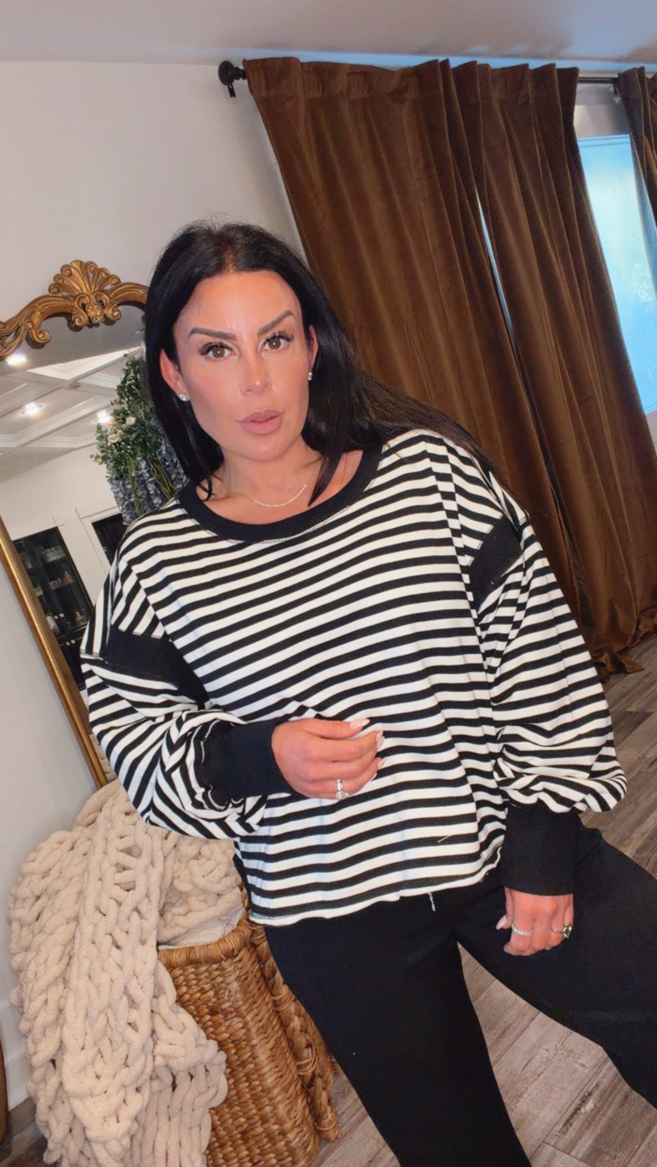 Rae mode Black and Ivory Striped Open Back Long Sleeve Top