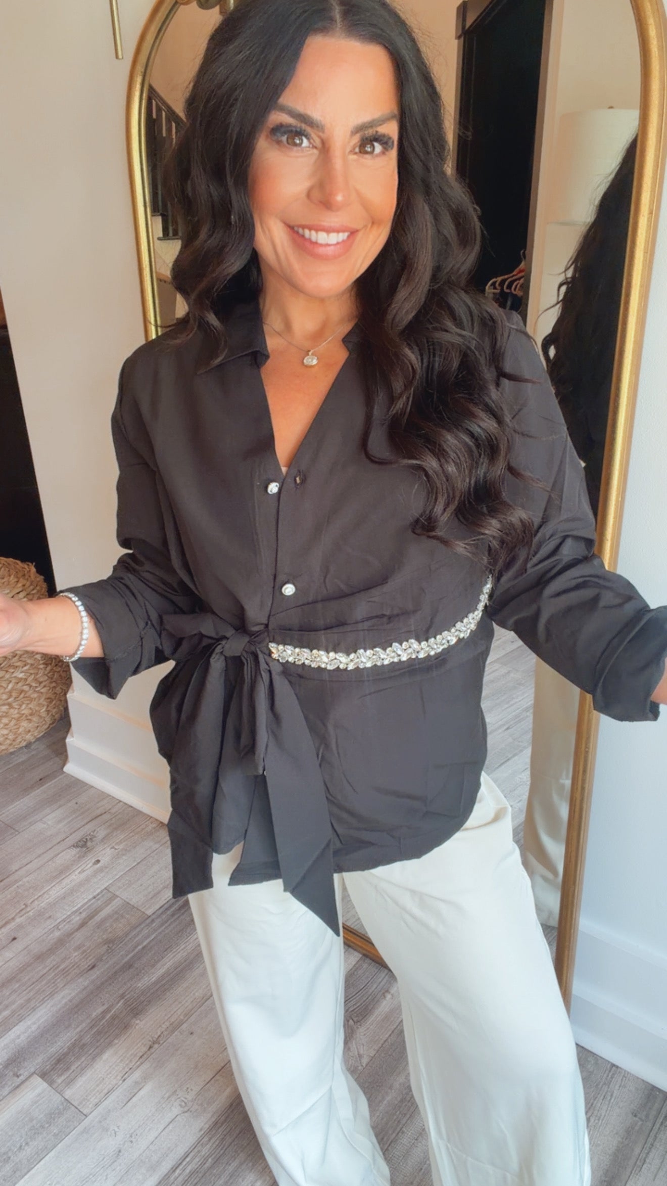 “ THE DIANA” Black Luxe Button Up Long Sleeve Top With Crystal Embleshiment Blouse