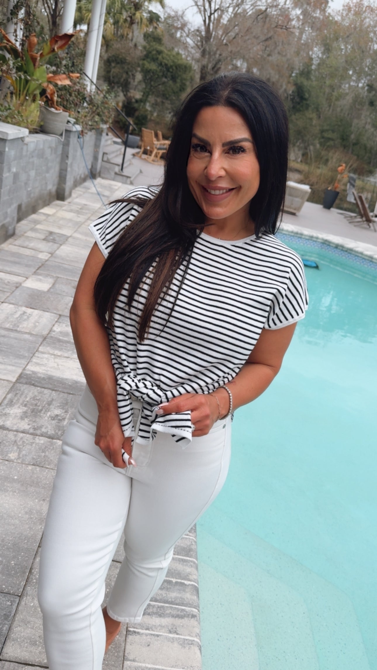 Black and White Cap Sleeve Split Hem Top