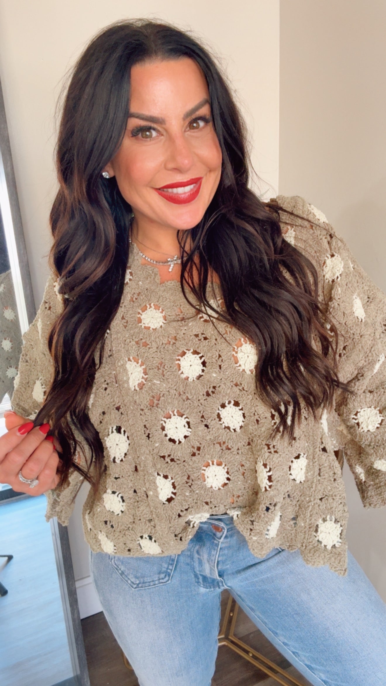 Olive Crochet Knit Loose Fit POL Top