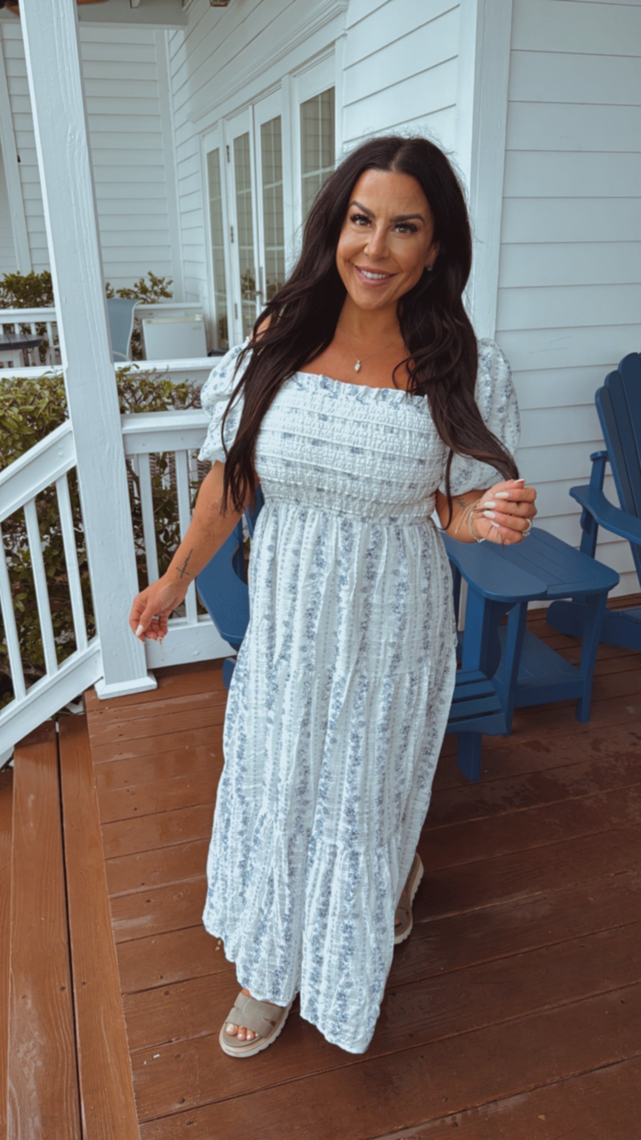 Light Weight Smocked Blue and White Floral Puff Sleeve Dress