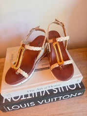 Dark Brown and Woven Strap Wedges