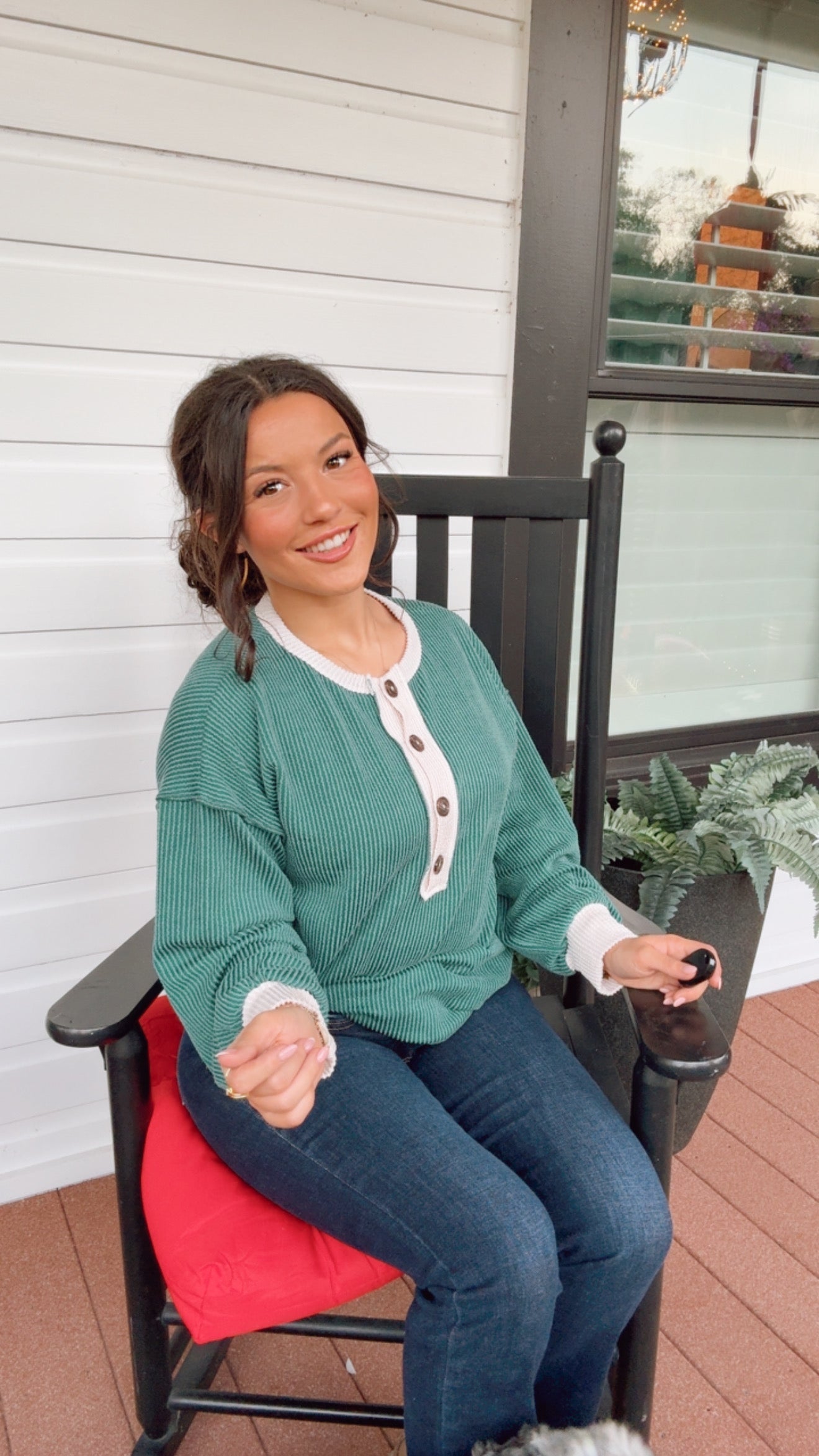 Green and Cream Ribbed Long Sleeve Sweater Top